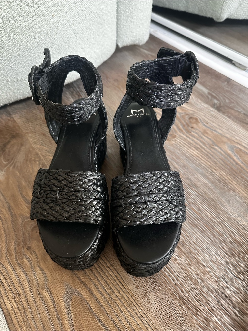 Marc Fisher Woven Ankle-Strap Platform Sandals in Black